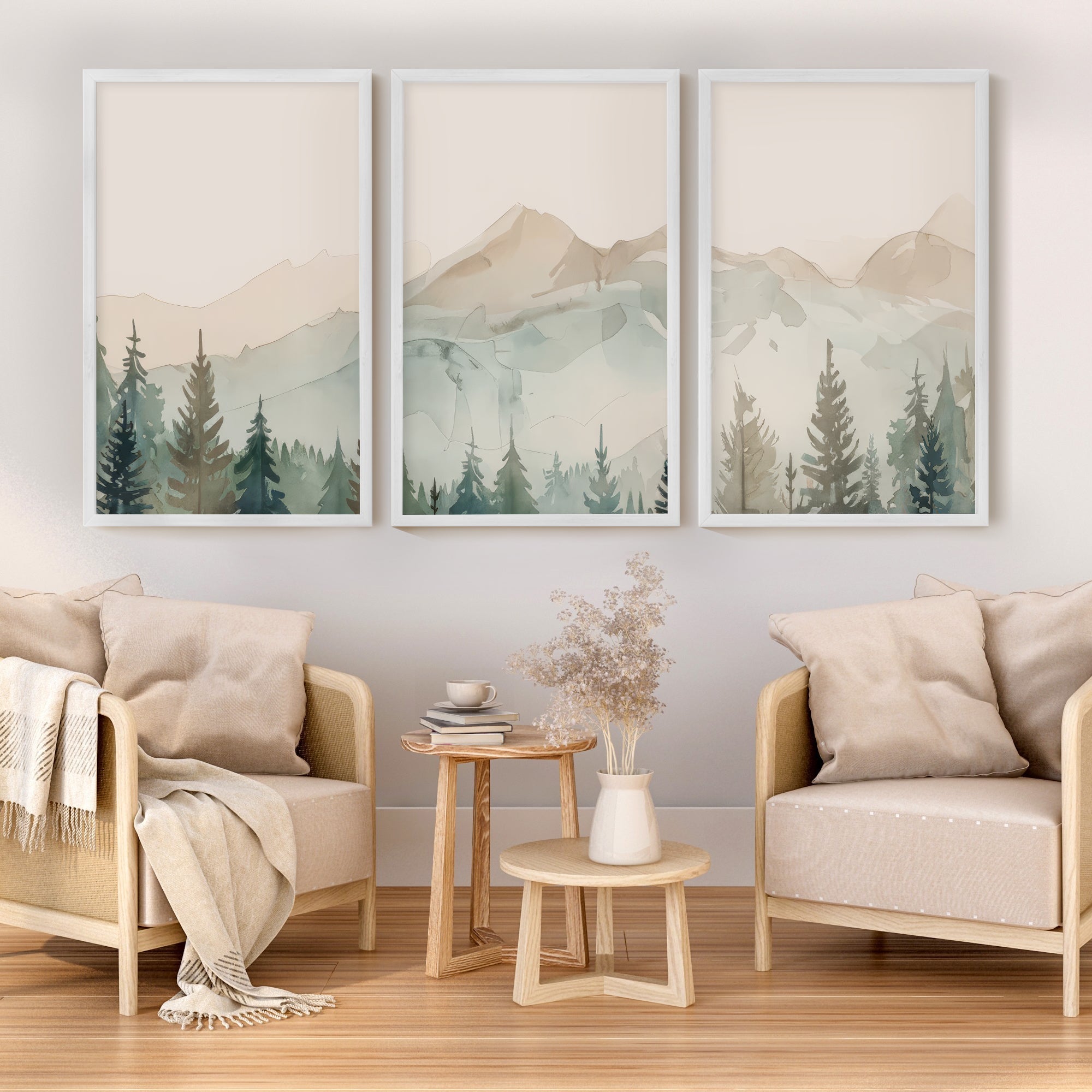 Watercolor mountain scene art with white wood frames 3-pc triptych art
