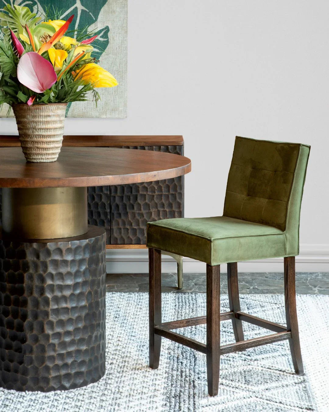 Olivia green suede upholstered counter chair - Your Western Decor