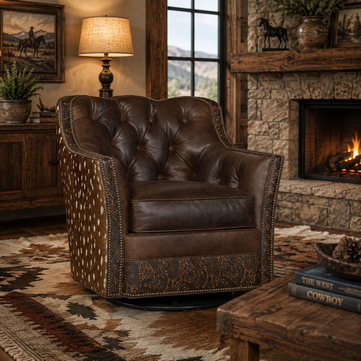Brown leather tufted swivel chair in a cozy living room with a fireplace and decorative items.