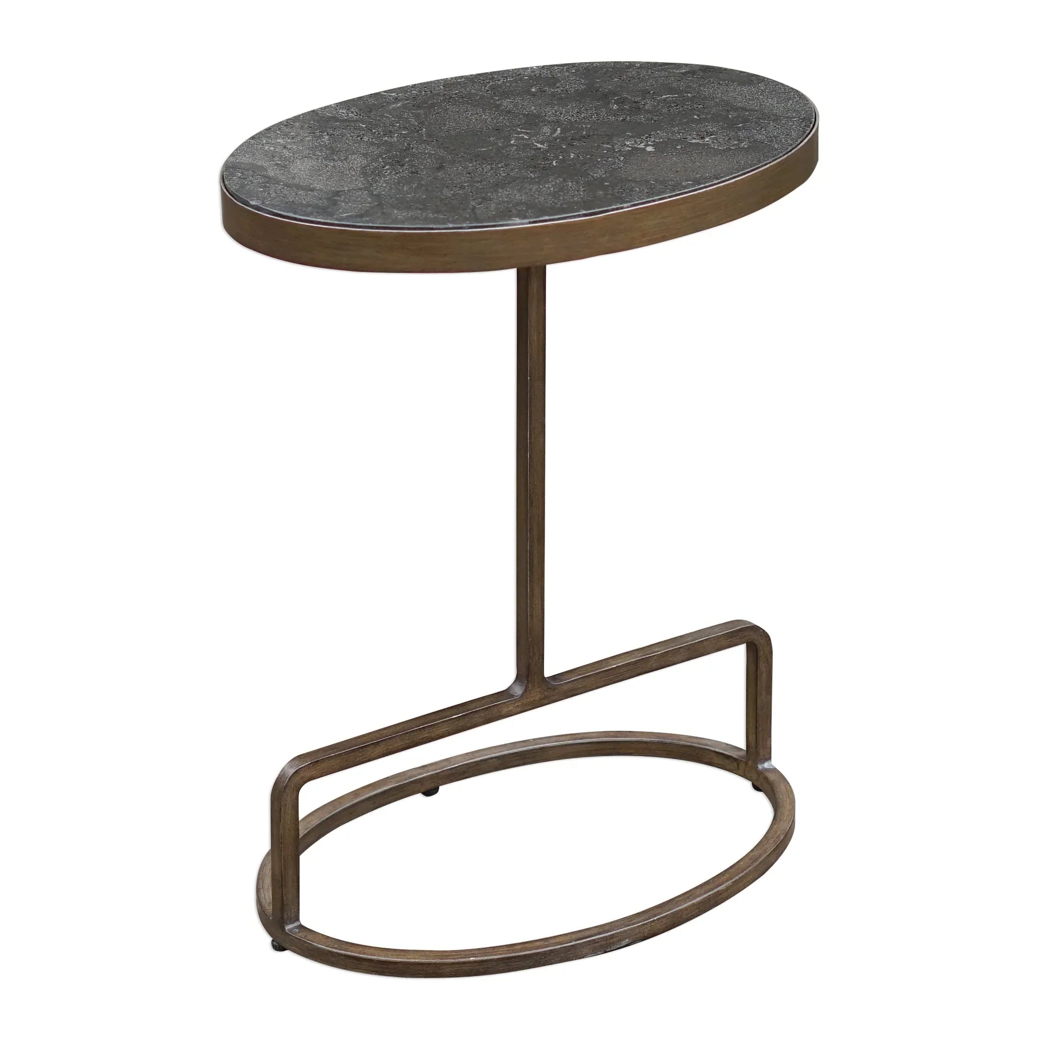 Oval end table made of iron with a bluestone marble top - Your Western Decor