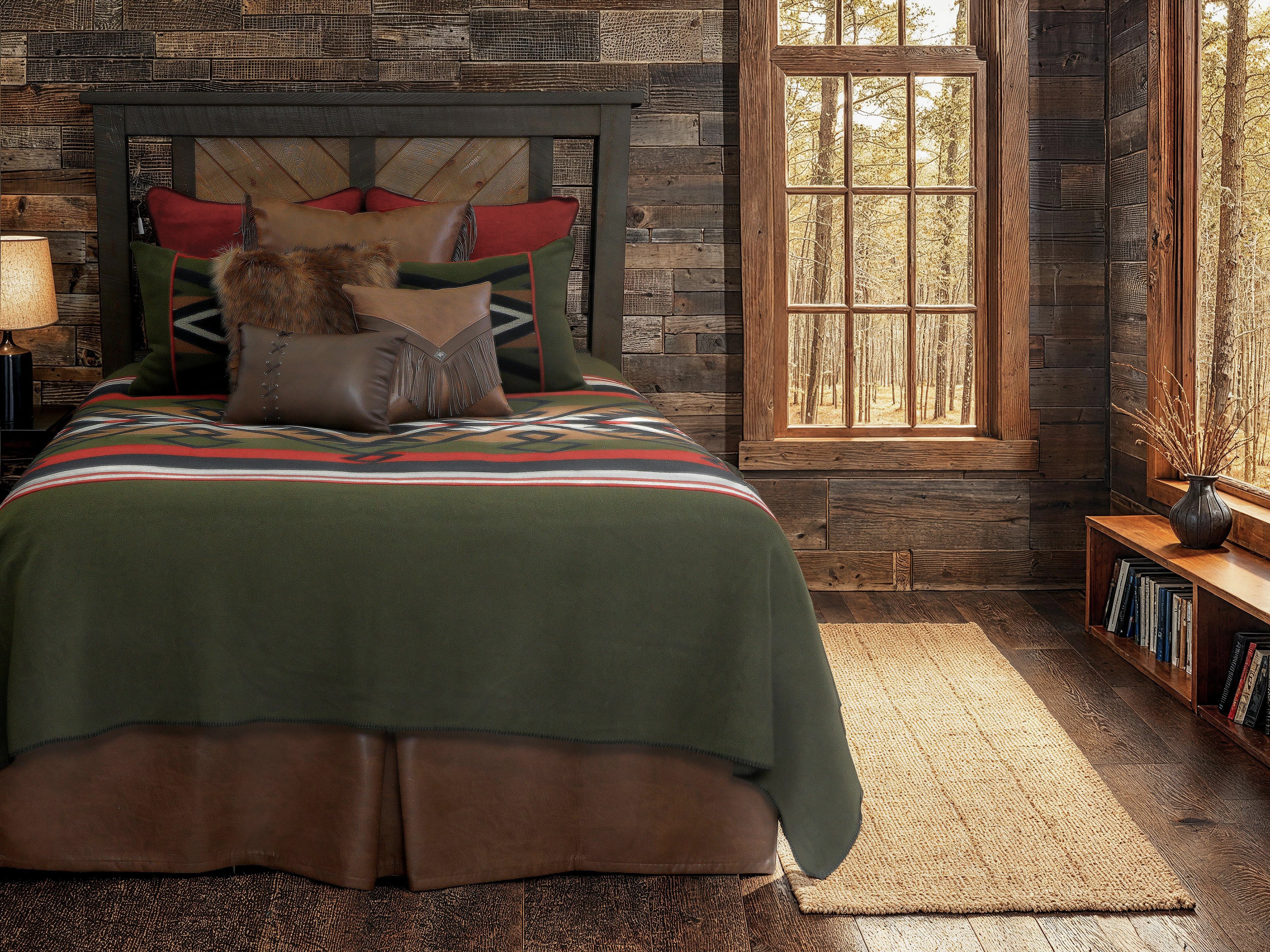Rustic bedroom with wooden walls, bed with patterned bedding, and window view - Your Western Decor