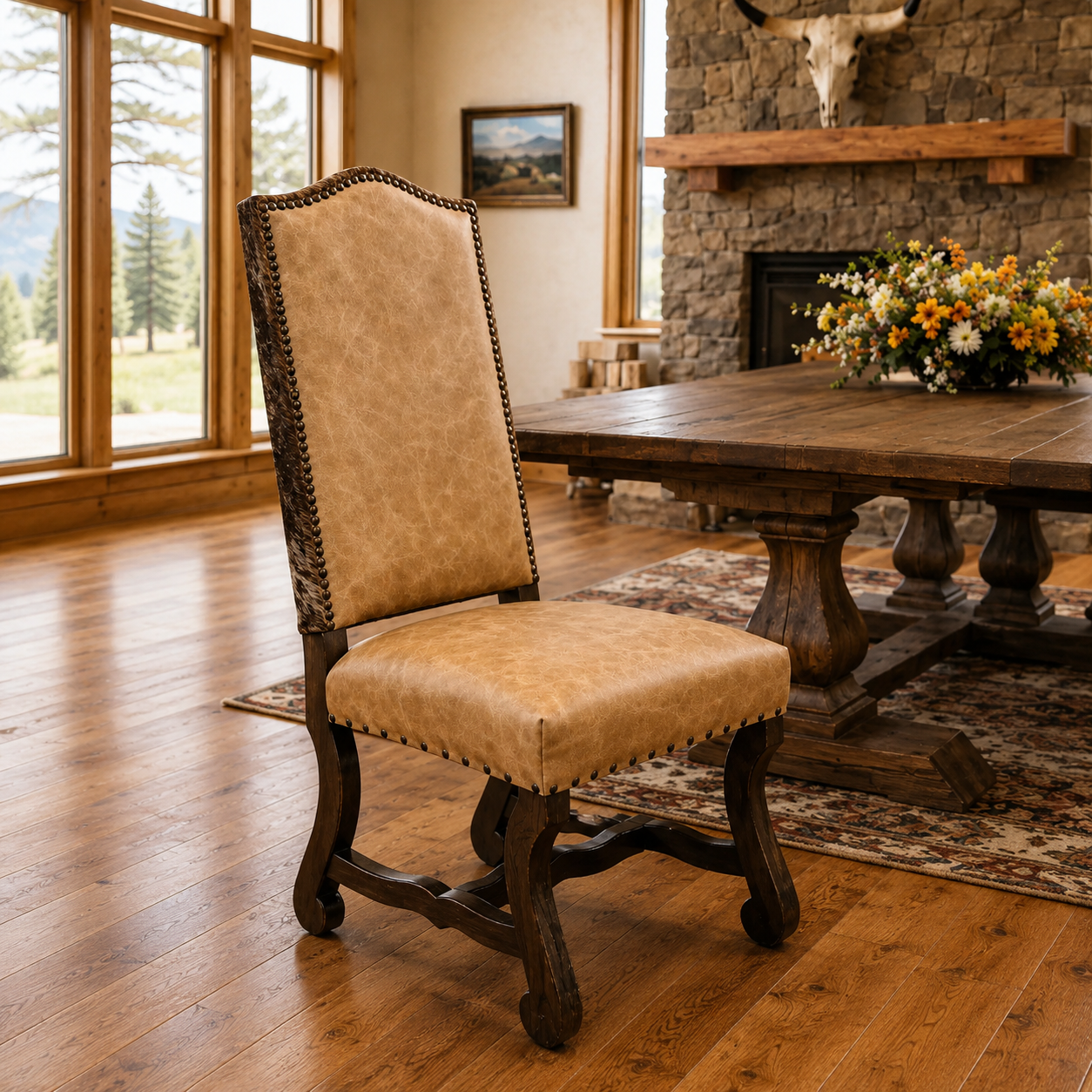 western dining chair in palomino leather with brindle hair on cowhide back and nail trim, with dark chocolate finish