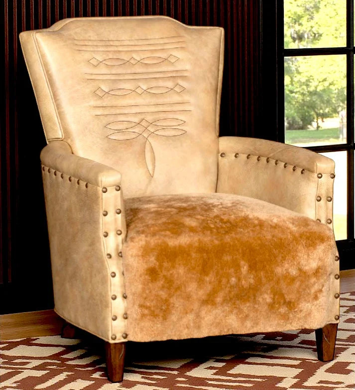 American made palomino Panache leather chair with boot stitch design and shearling seat - Your Western Decor