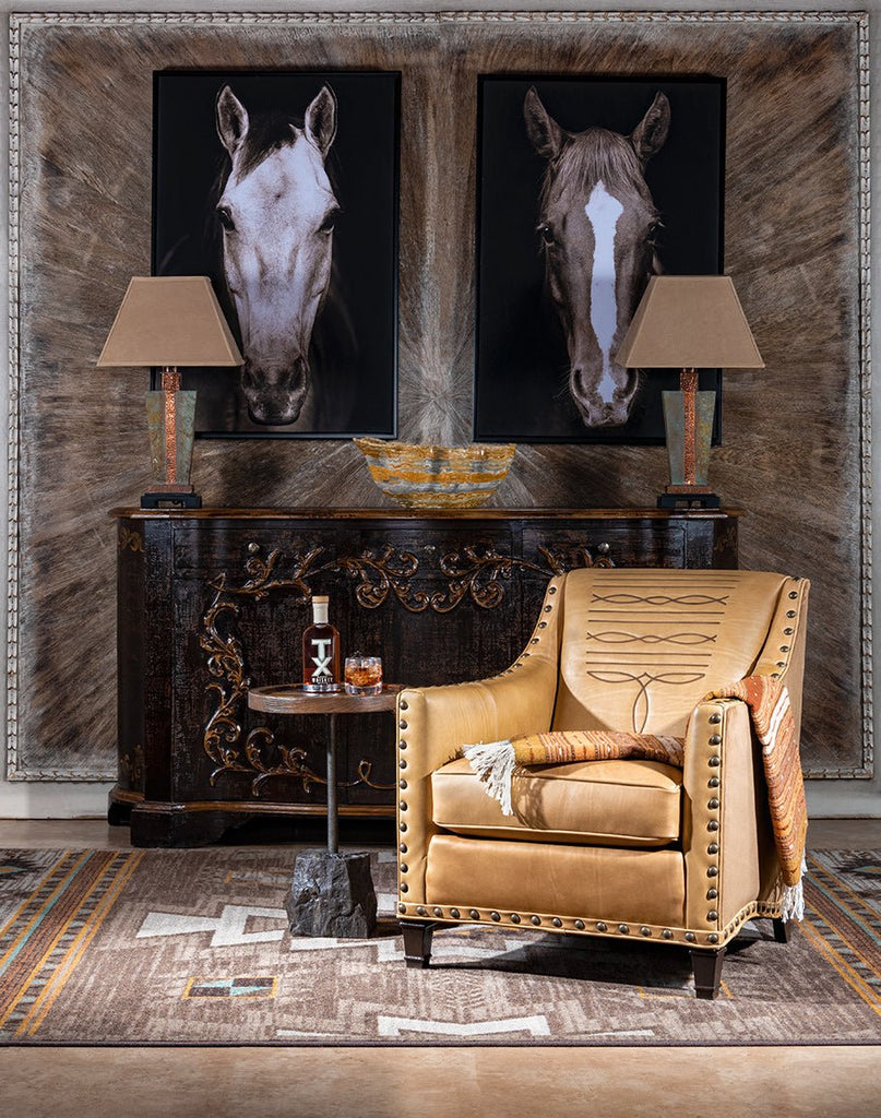 Buckskin Horse and Blaze Horse Canvas Art paired with Palomino Panache Leather Chair made in the USA - Your Western Decor