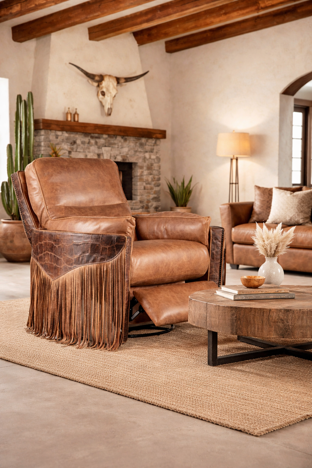 Fringed brown leather recliner with embossed leather panels and extended footrest placed in a minimalist ranch-style clubhouse lounge with natural wood beams, stone fireplace, neutral textiles, and warm ambient lighting - Your Western Decor