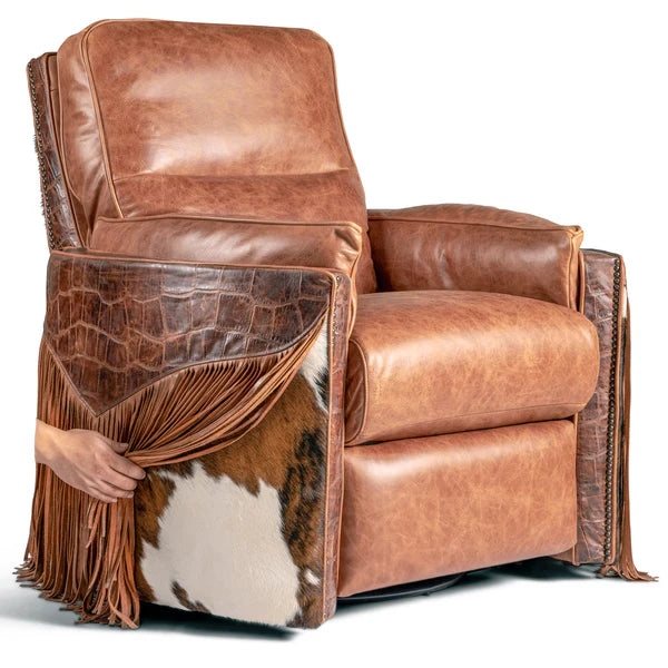 Panhandle snuggle leather recliner with long fringe, cowhide, embossed leather, and smooth leather - Your Western Decor