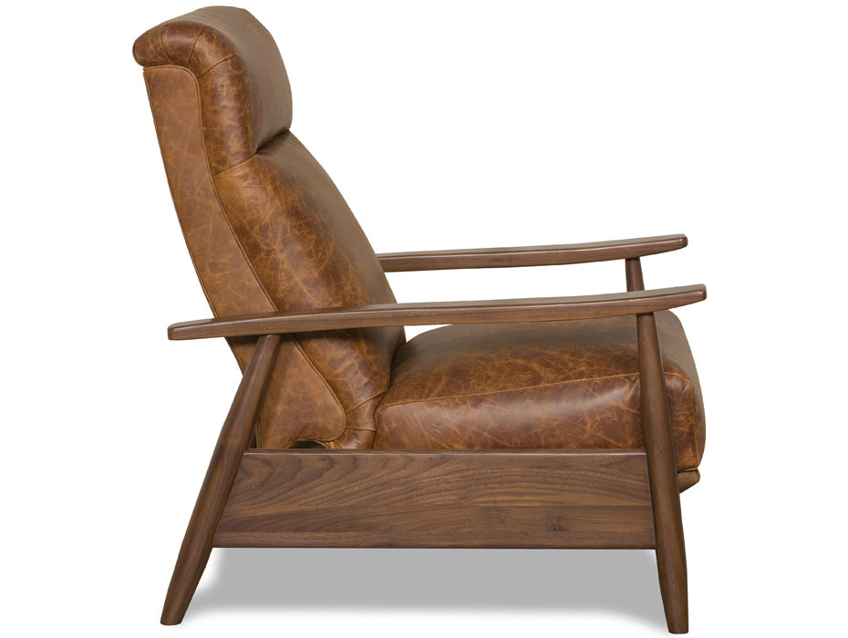 Mid-century modern leather recliner in distressed brown leather, side view