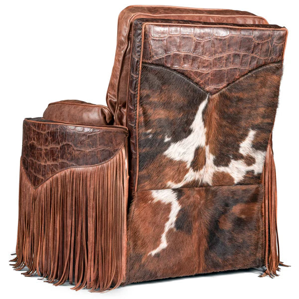 Panhandle recliner with leather, cowhide, embossed leather, and long fringe - Your Western Decor