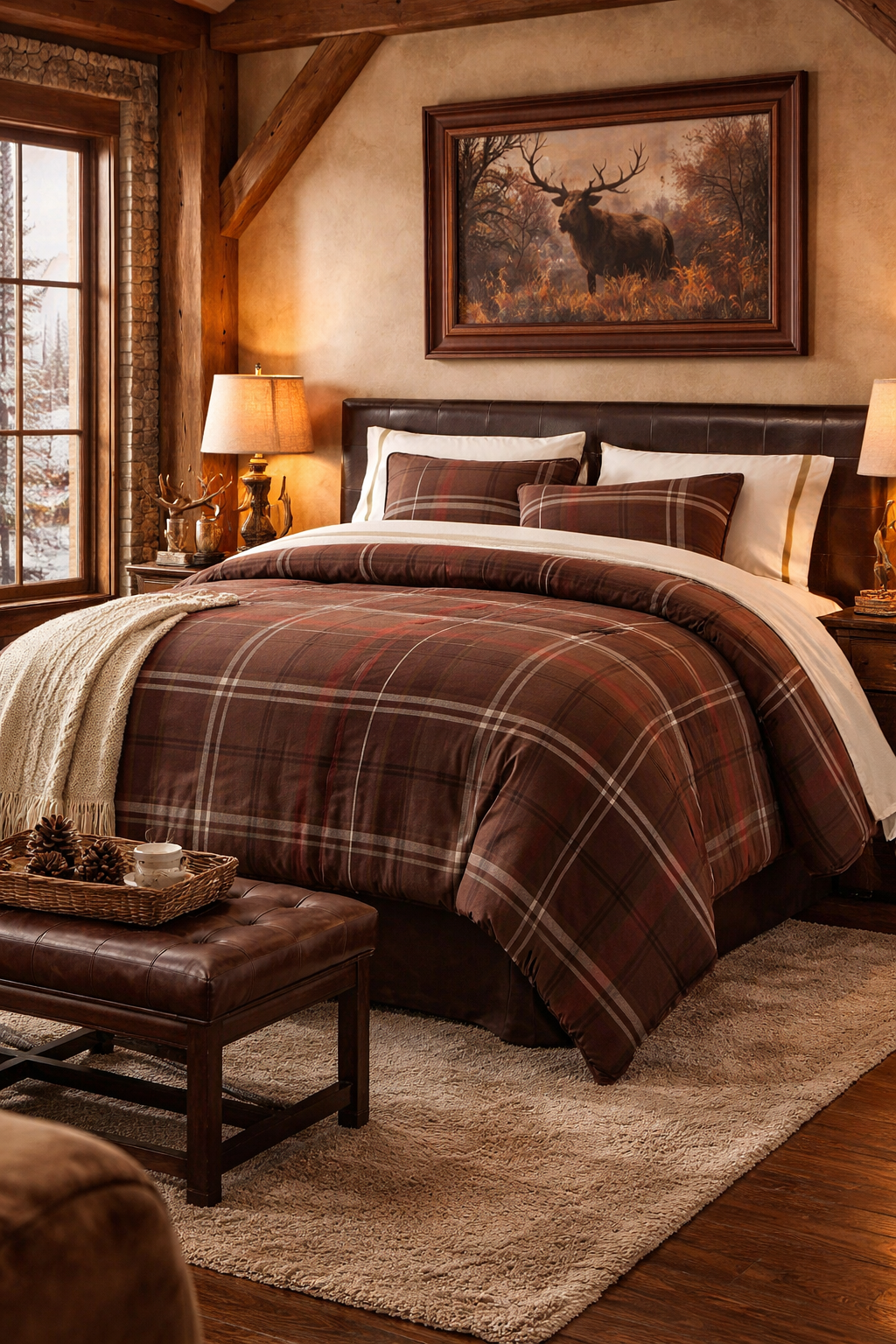 Brown lodge plaid comforter set styled in a luxury rustic resort bedroom with leather headboard, wood beams, and mountain cabin decor.