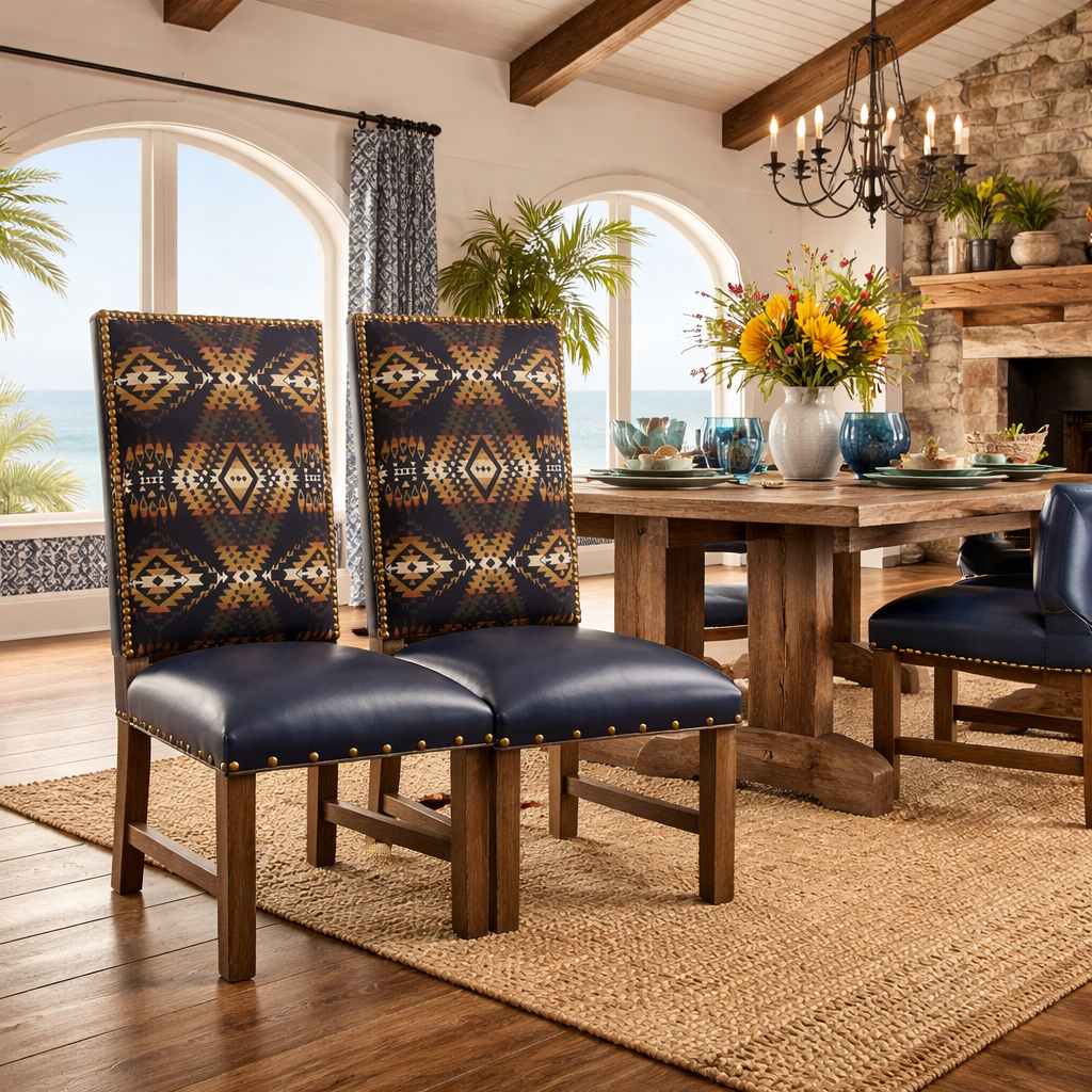 Pendleton Mission Trails dining chairs with deep blue leather seats staged in a bright Southwest coastal dining room with wood beam ceilings, rustic wood table, and ocean-view windows