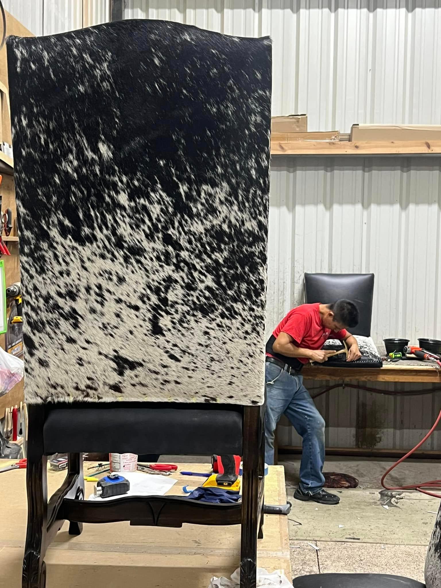 Western Dining Chair in Leather & Cowhide in black leather seat and peppered black/white cowhide back - hand crafted in the USA - Your Western Decor