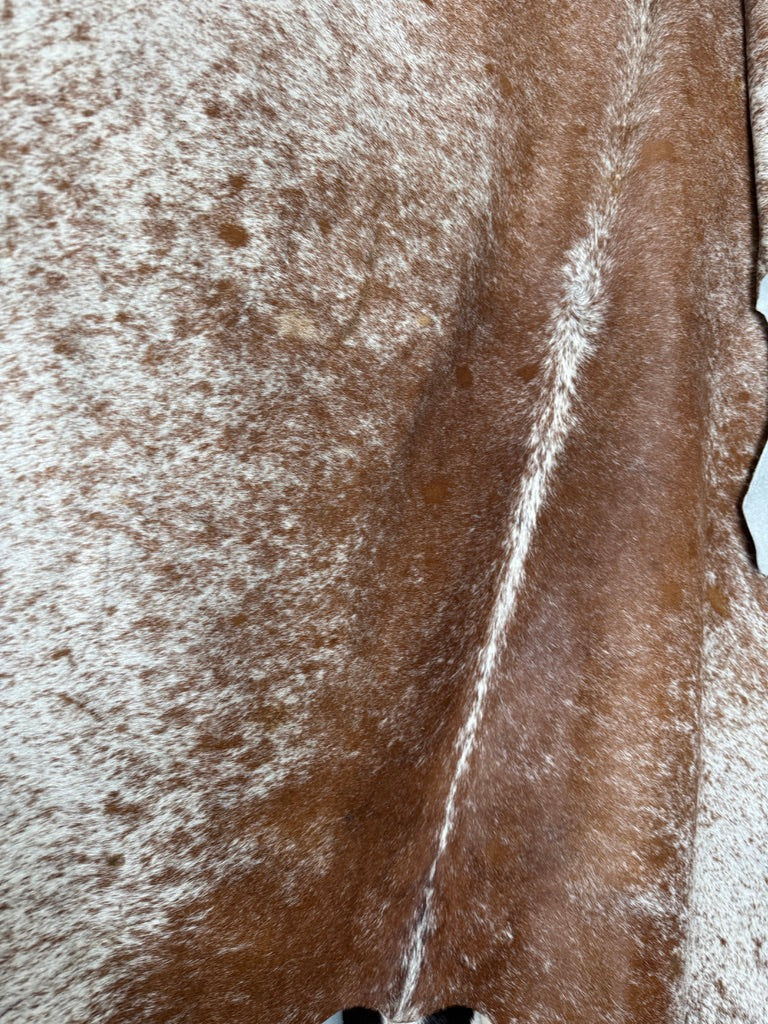 detail of white spine on peppered cowhide rug