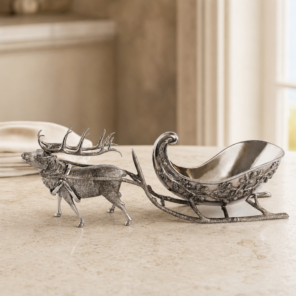 Decorative silver reindeer pulling a sleigh on a marble surface