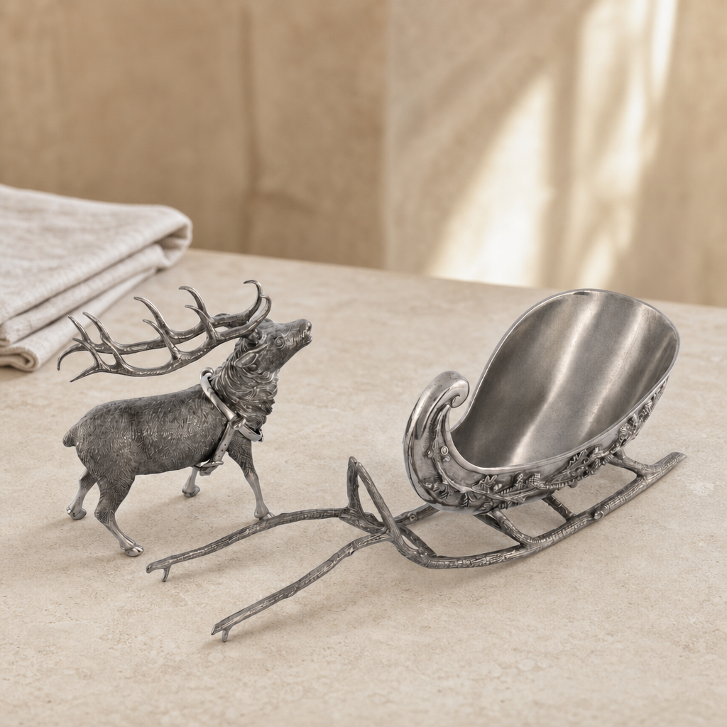 Decorative metal reindeer with sleigh on a beige surface