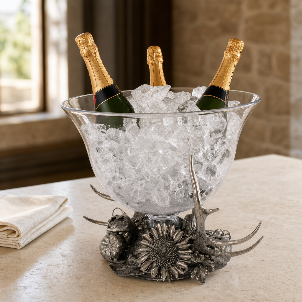 A clear glass champagne bucket filled with ice on a decorative silver base, with three champagne bottles placed inside, set on a tabletop in an indoor setting.