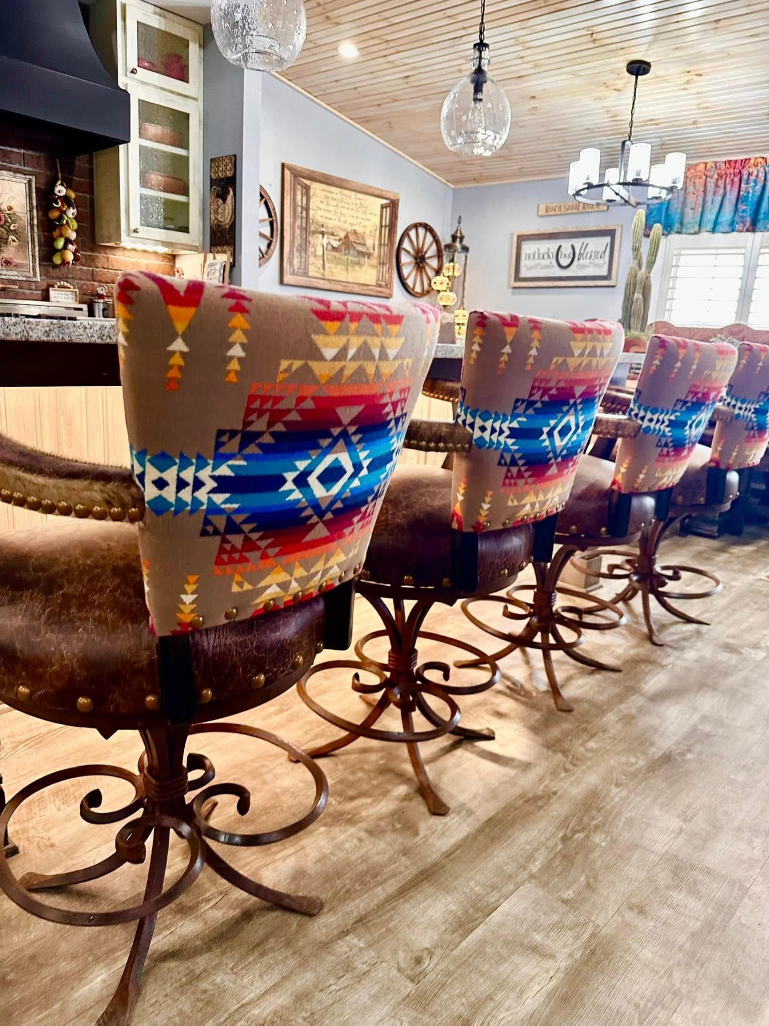 Bar chairs upholstered in distressed leather and Pilot Rock fabric by Pendleton Woolen Mills - Your Western Decor