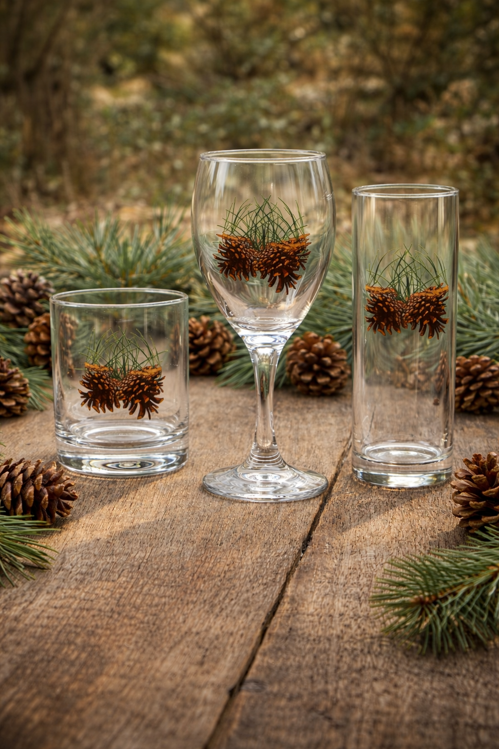 Set of glassware with pinecones and greenery on a wooden surface with a natural background - Your Western Decor
