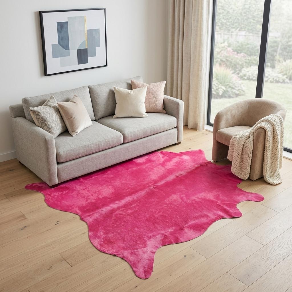 Pink cowhide rug on hardwood floor