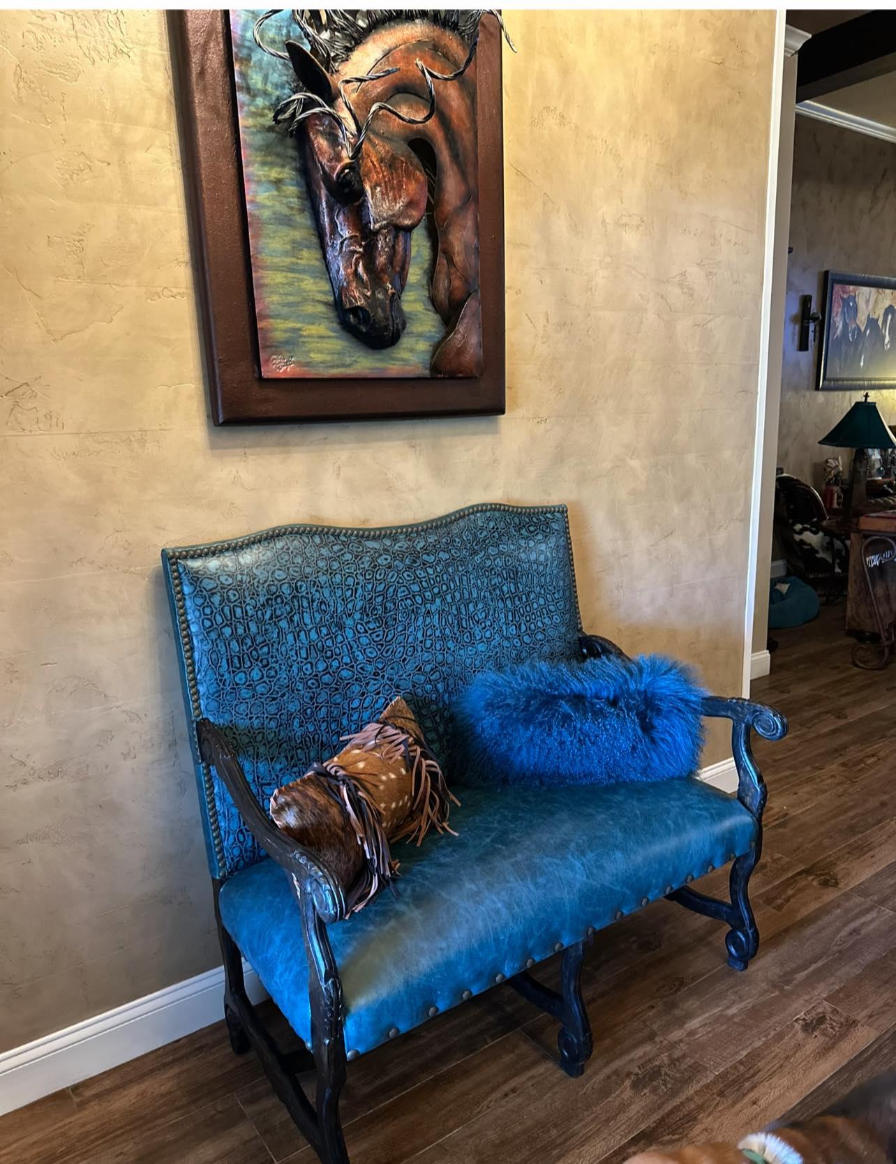 Prance Horse wall sculpture and blue leather settee - Your Western Decor