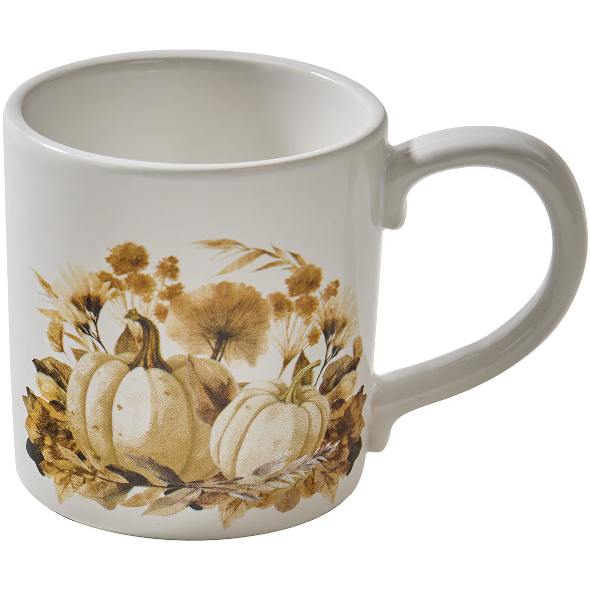 White mug with autumn-themed design featuring pumpkins and leaves on a white background - Your Western Decor