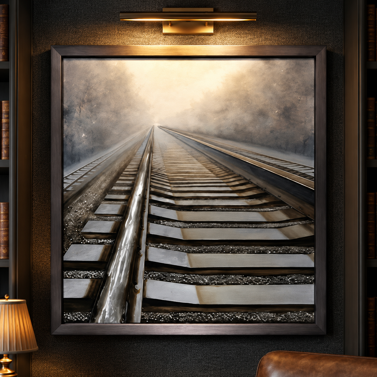A framed wall art print depicting railroad tracks leading into a misty, glowing distance, displayed on a dark textured wall above a lamp and next to a leather chair.