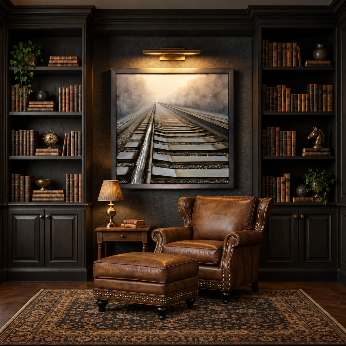 A framed wall art print depicting railroad tracks leading into a misty landscape, displayed in a dark wood-paneled room above a brown leather armchair and matching ottoman, with bookshelves in the background.