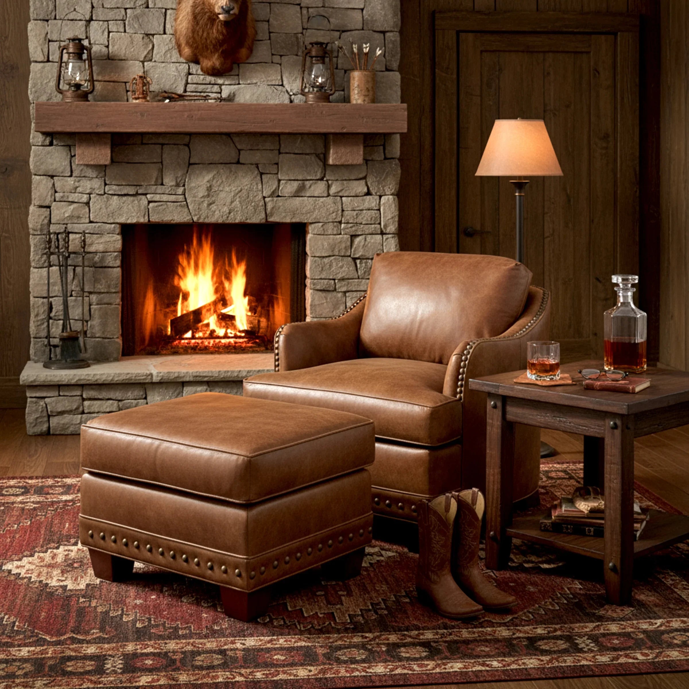 Rambler leather chair and ottoman in rustic living room - Your Western Decor