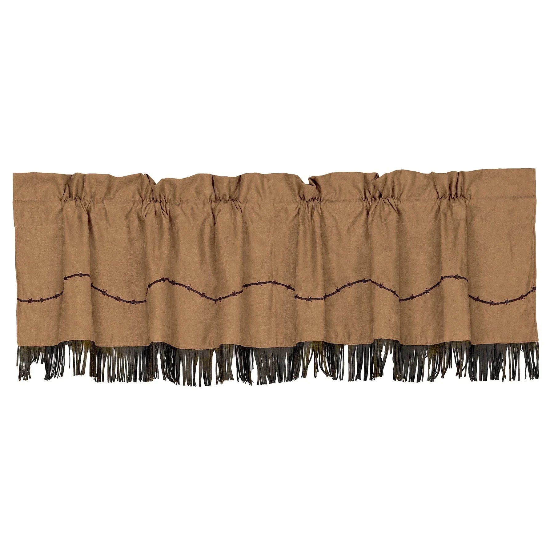 Ranch Work Barbed Wire Valance in suede tan with dark brown embroidered barbed wire and dark chocolate fringe, rod pocket top - Your Western Decor