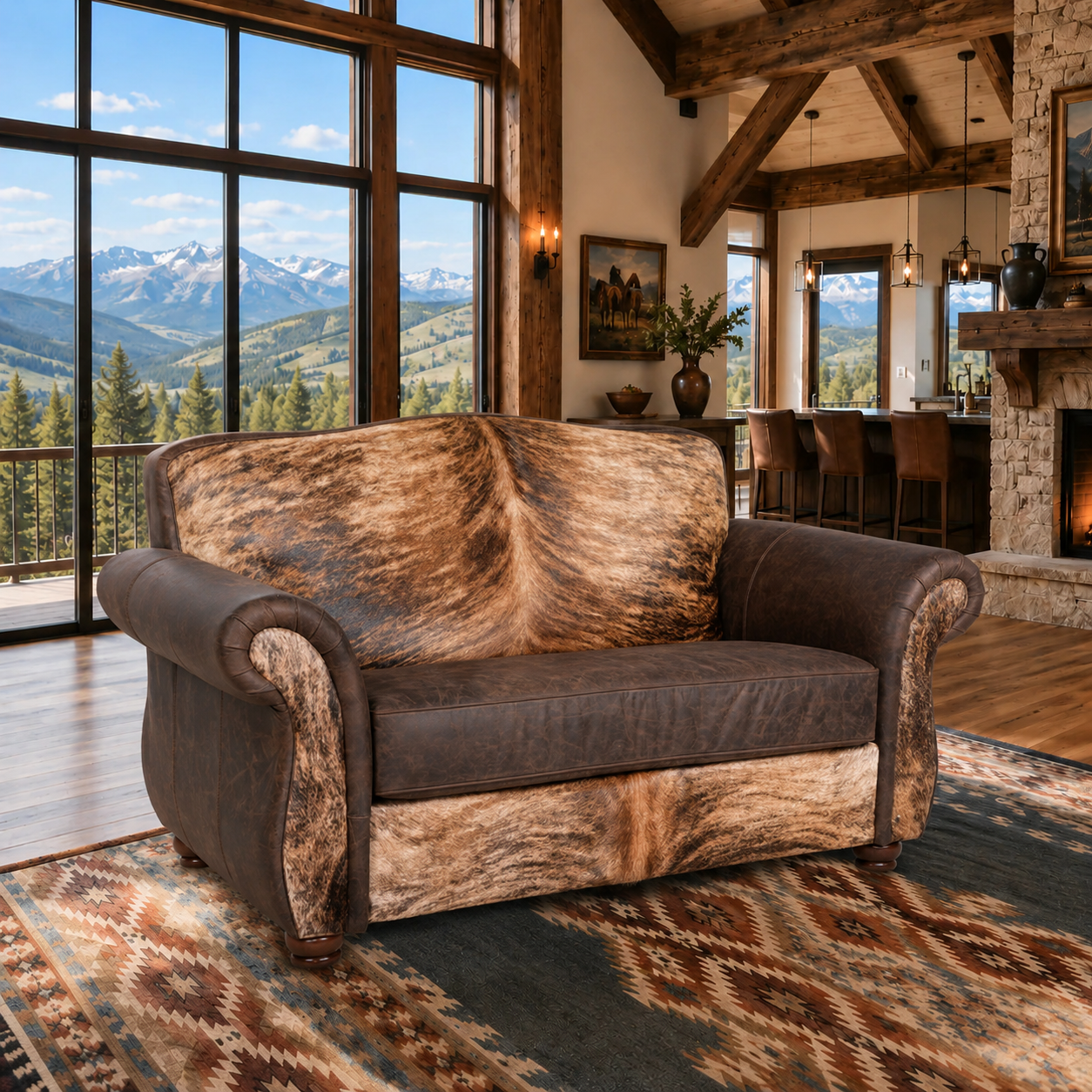 A rustic loveseat sofa with a cowhide-patterned back and seat cushion, set in a mountain-view lodge living room with wood floors, a stone fireplace, and large windows.