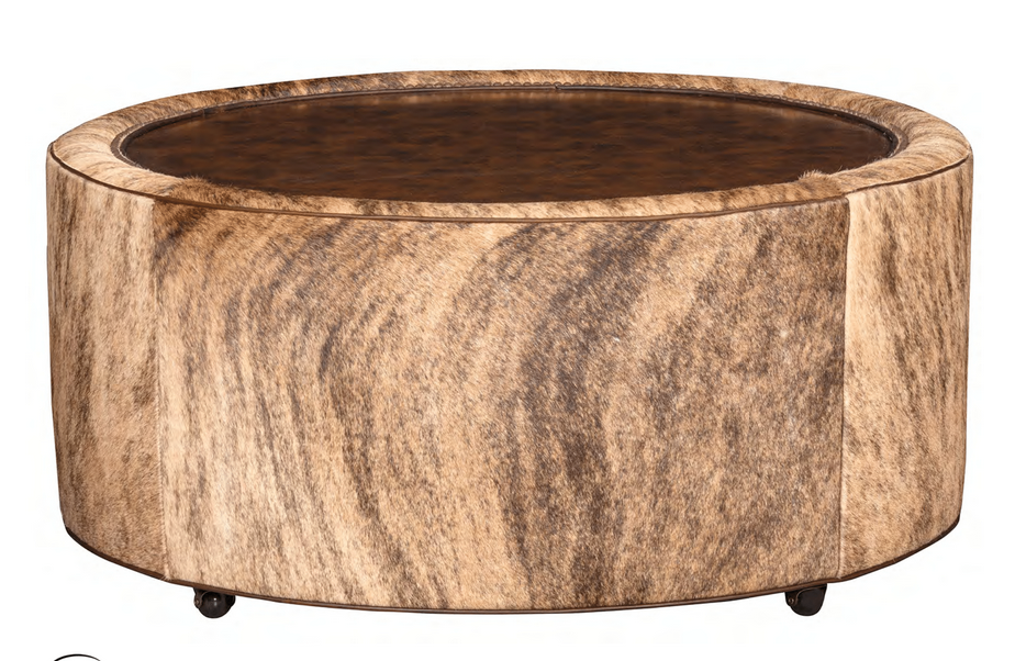 Ranchland Cowhide Cocktail Ottoman with Genuine Medium Brindle Hair On Hide Upholstery with nail trim, hard surface, and castors