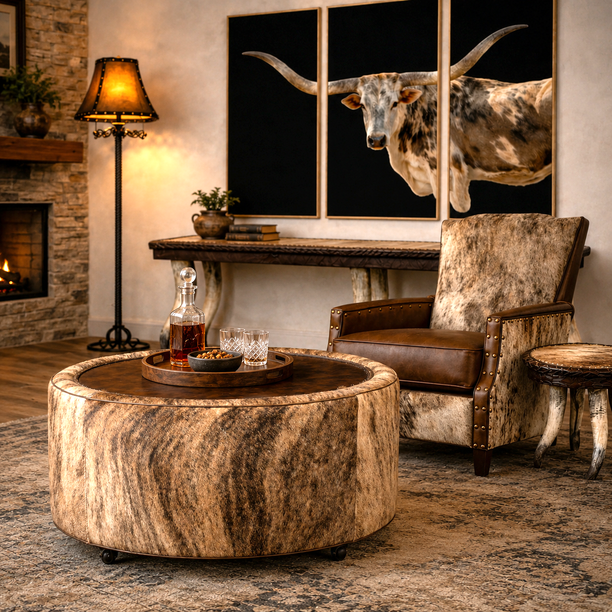 Round Western Cowhide Cocktail Ottoman with Hidden Casters and Genuine Hair On Hide with leather furniture, western lamp, and Longhorn 3-pc canvas art