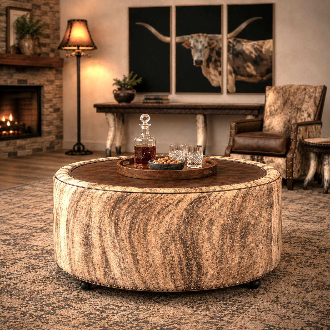 American Made Ranchland Cowhide Cocktail Ottoman Styled with Western Leather Accent Chair, cowhide accent tables, iron spur lamp with rawhide shade, and Longhorn triptych art