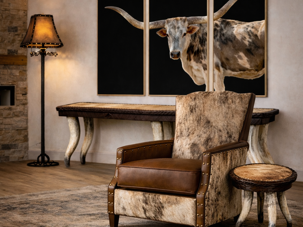 Rancho Brindle cowhide and leather accent chair facing forward in a ranch-luxe living room, featuring saddle brown leather seat, brindle hair-on cowhide upholstery, brass nailhead trim, longhorn triptych wall art, horn-leg console table, round cowhide end table, and rustic floor lamp, all American made.