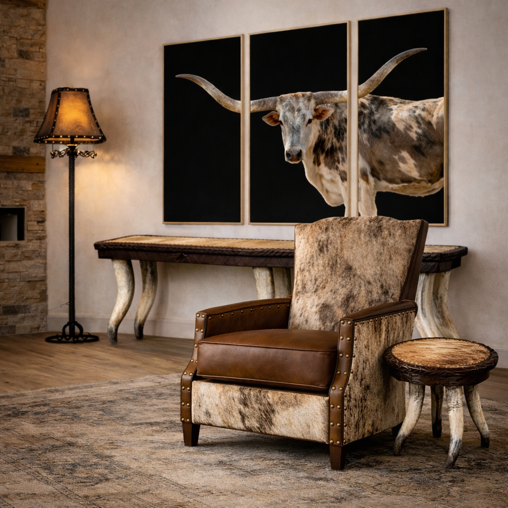 Rancho Brindle cowhide and leather accent chair facing forward in a ranch-luxe living room, featuring saddle brown leather seat, brindle hair-on cowhide upholstery, brass nailhead trim, longhorn triptych wall art, horn-leg console table, round cowhide end table, and rustic floor lamp, all American made.