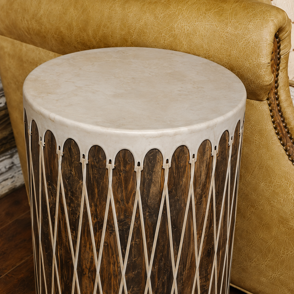 Rawhide drum end table detail