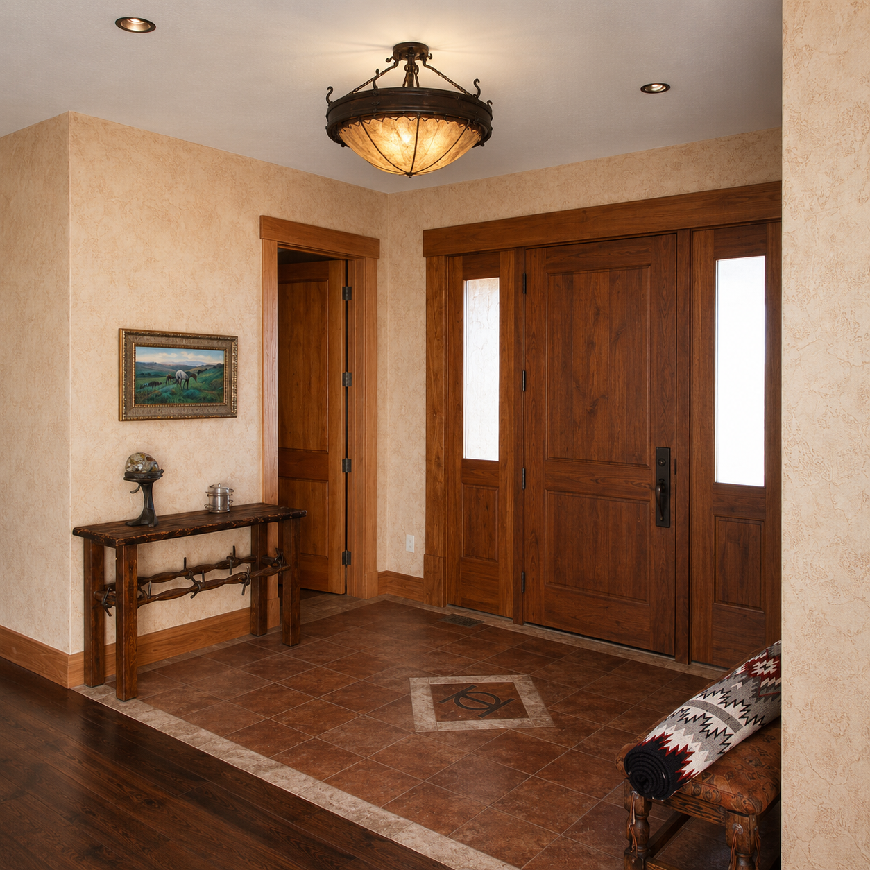 Western rawhide ceiling light with hand forged iron frame