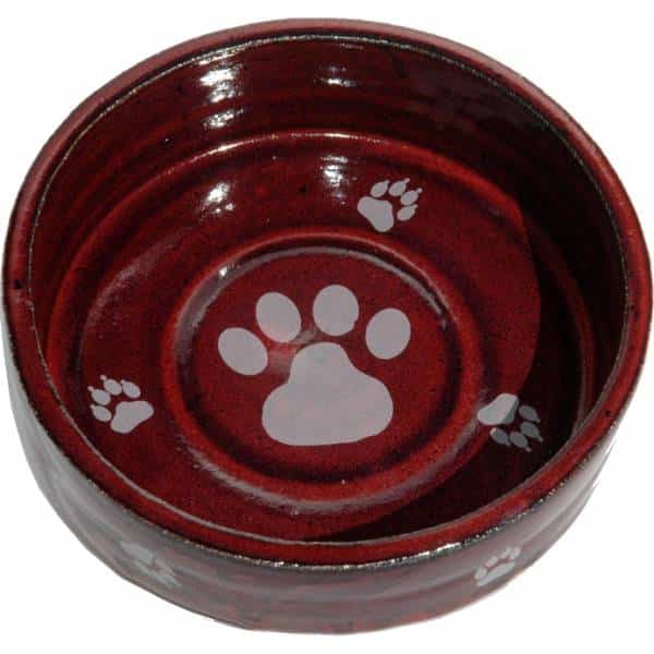 Red ceramic pet bowl with paw prints on a white background - Your Western Decor