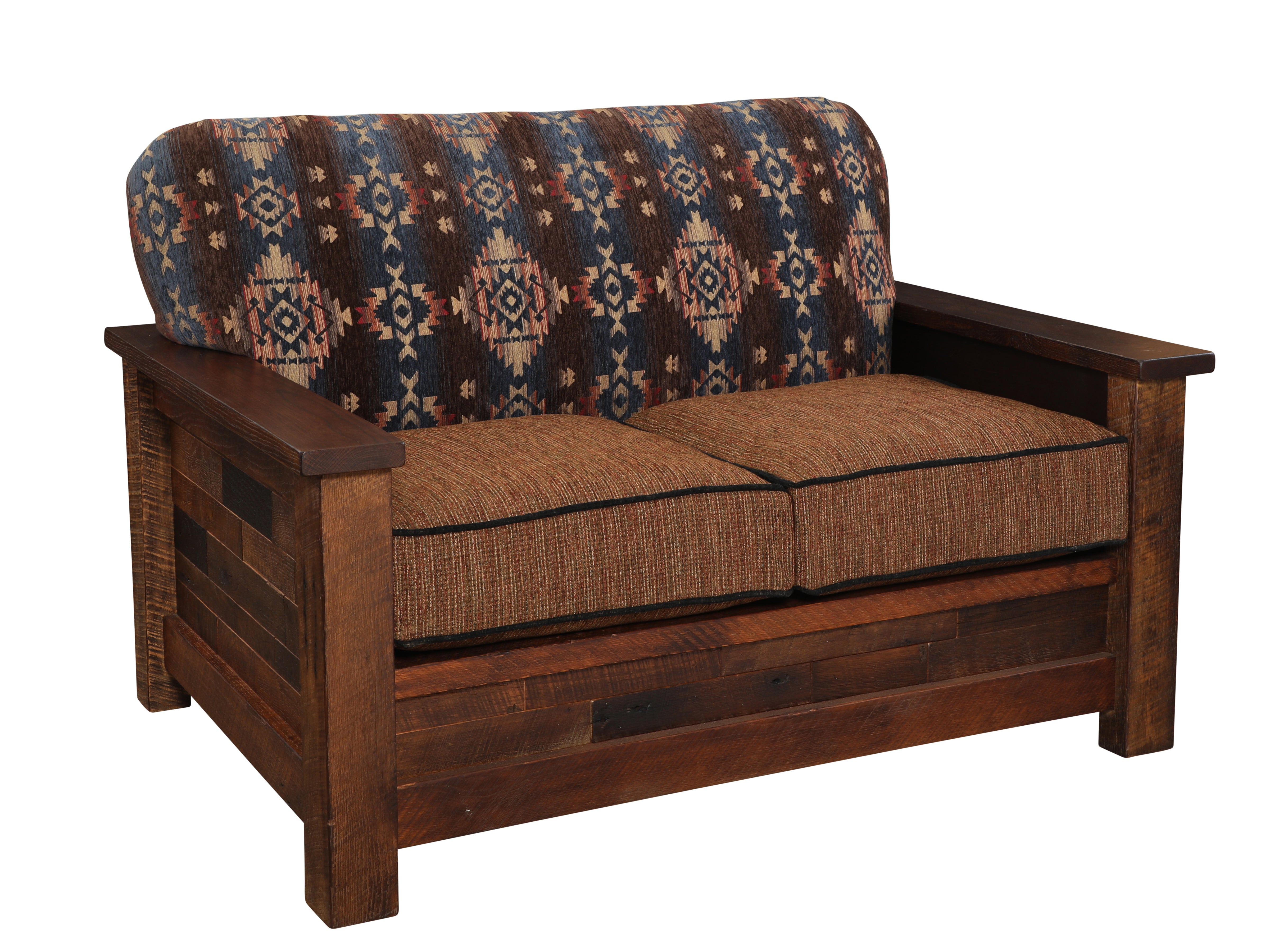 Southwestern lodge upholstered reclaimed barnwood loveseat