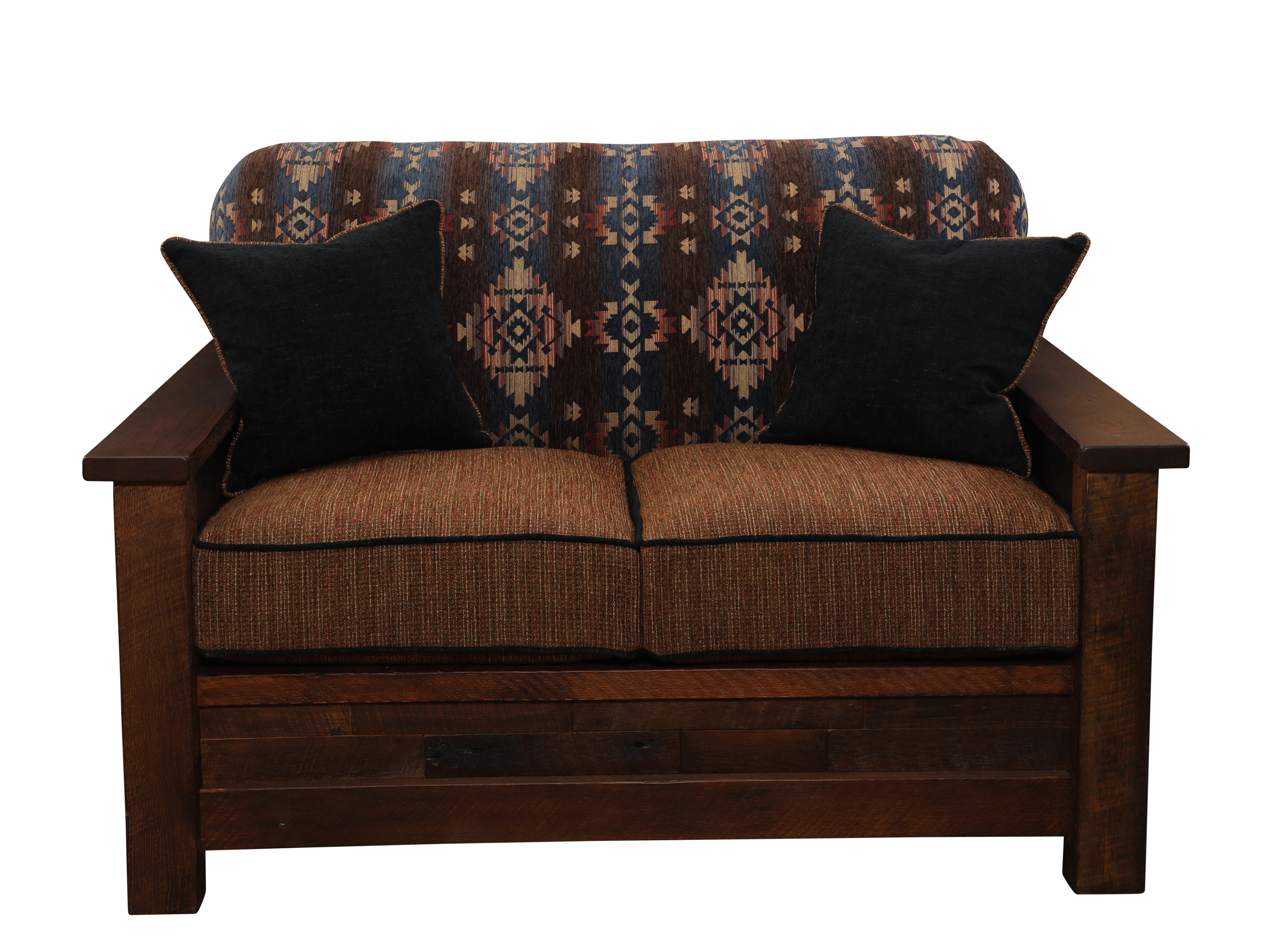 Southwestern lodge upholstered reclaimed barnwood loveseat with accent pillows