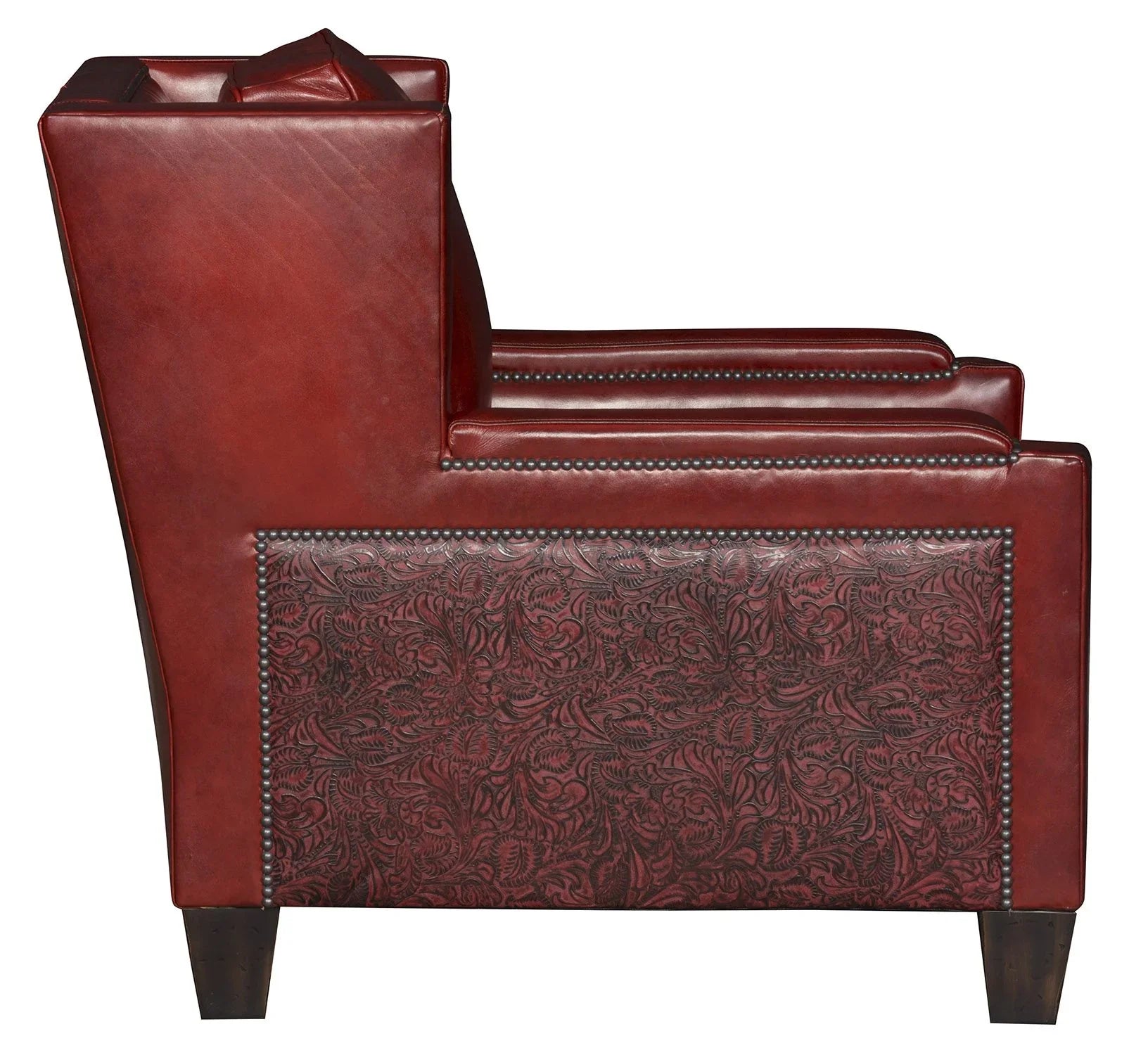 Luxury red leather chair with embossed leather sides and nail trim - Your Western Decor