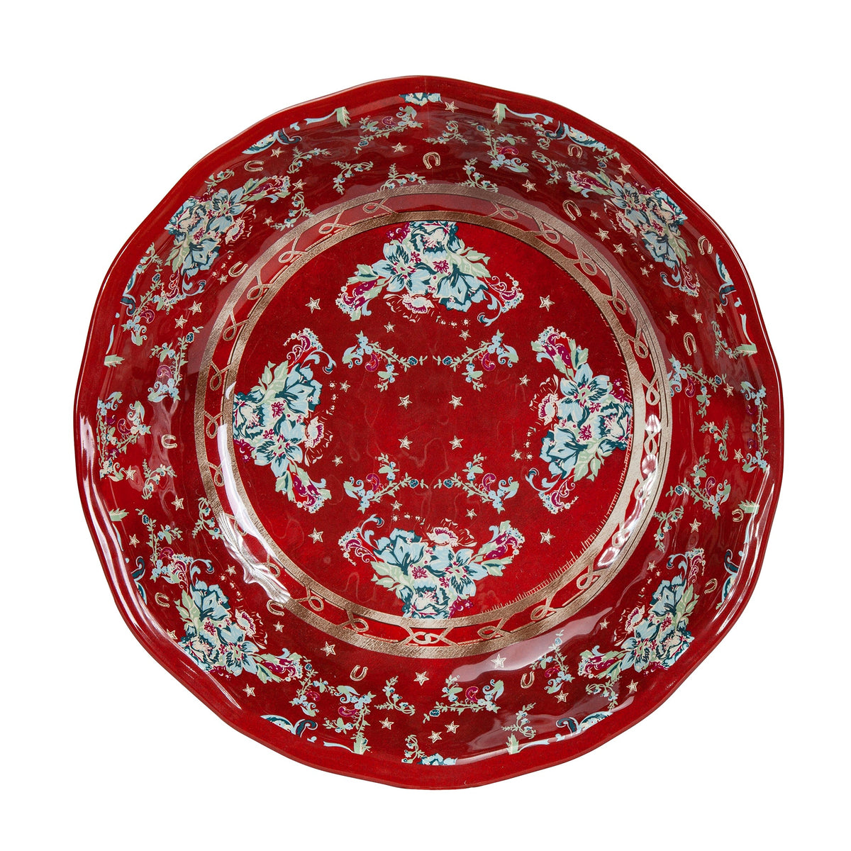 Red melamine serving bowl with patterns