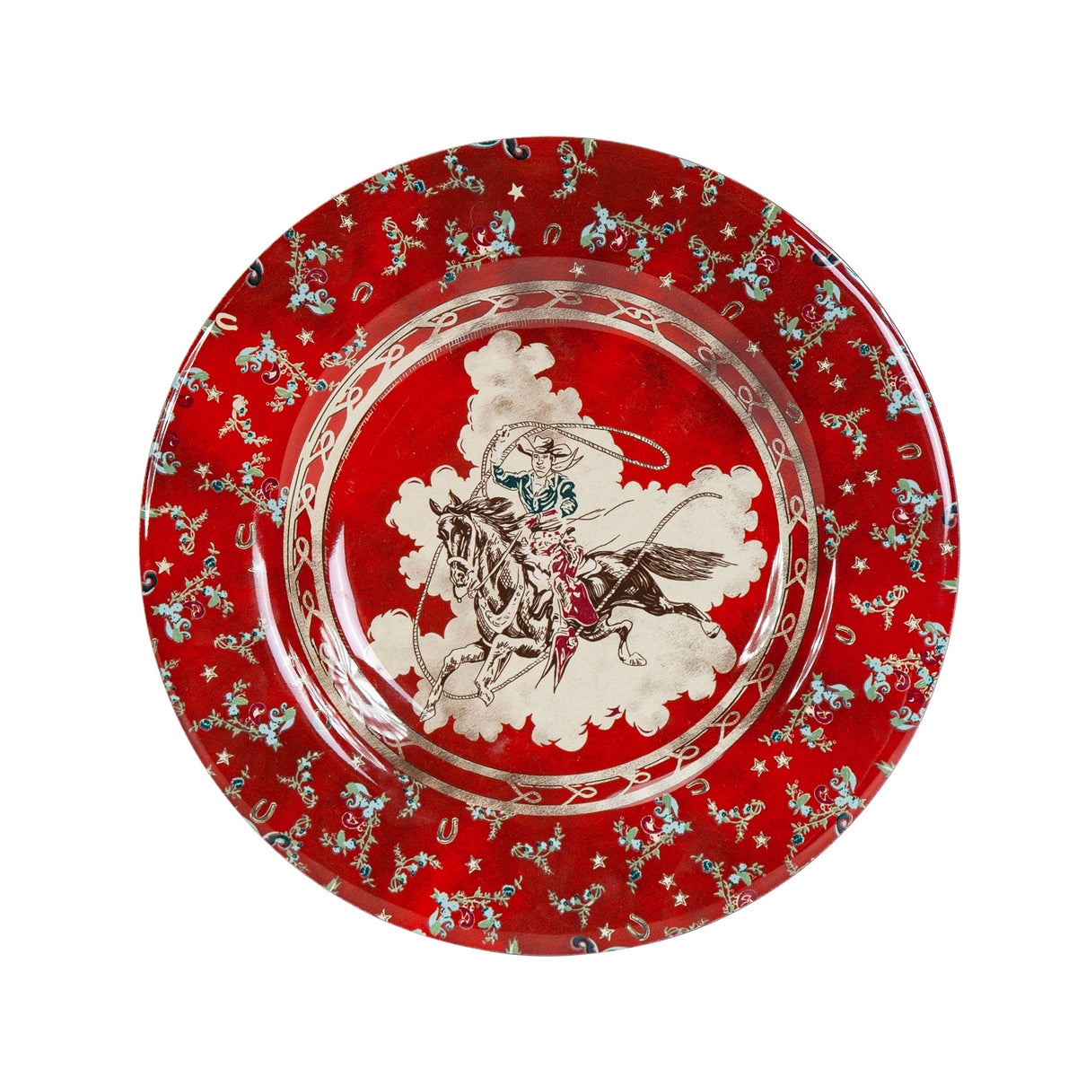 Red western serving bowl with cowboy and patterns