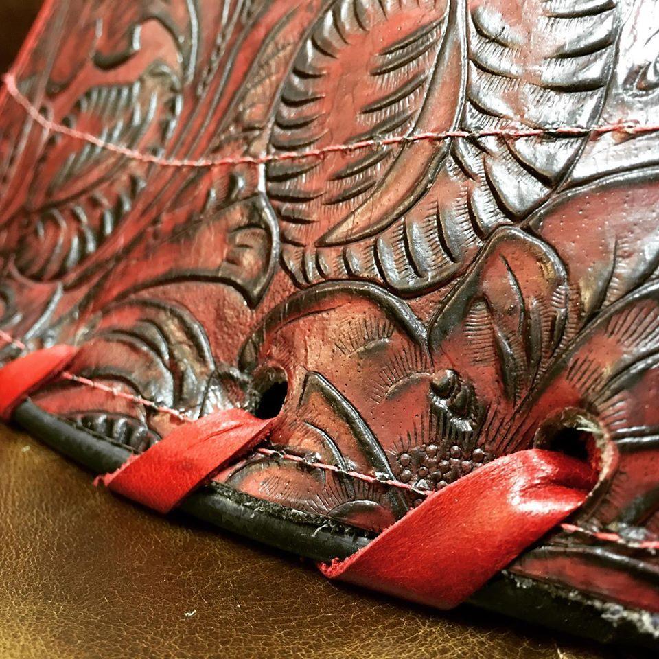 Embossed Red Leather Lamp Shade whip stitching - Your Western Decor