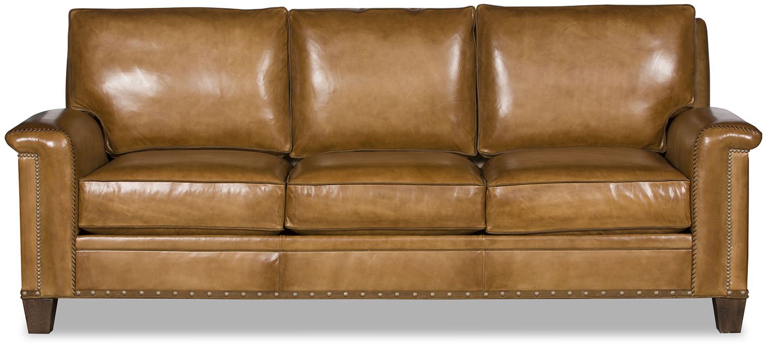 Rustic modern whiskey leather sofa with premium aniline leather and nail trim details