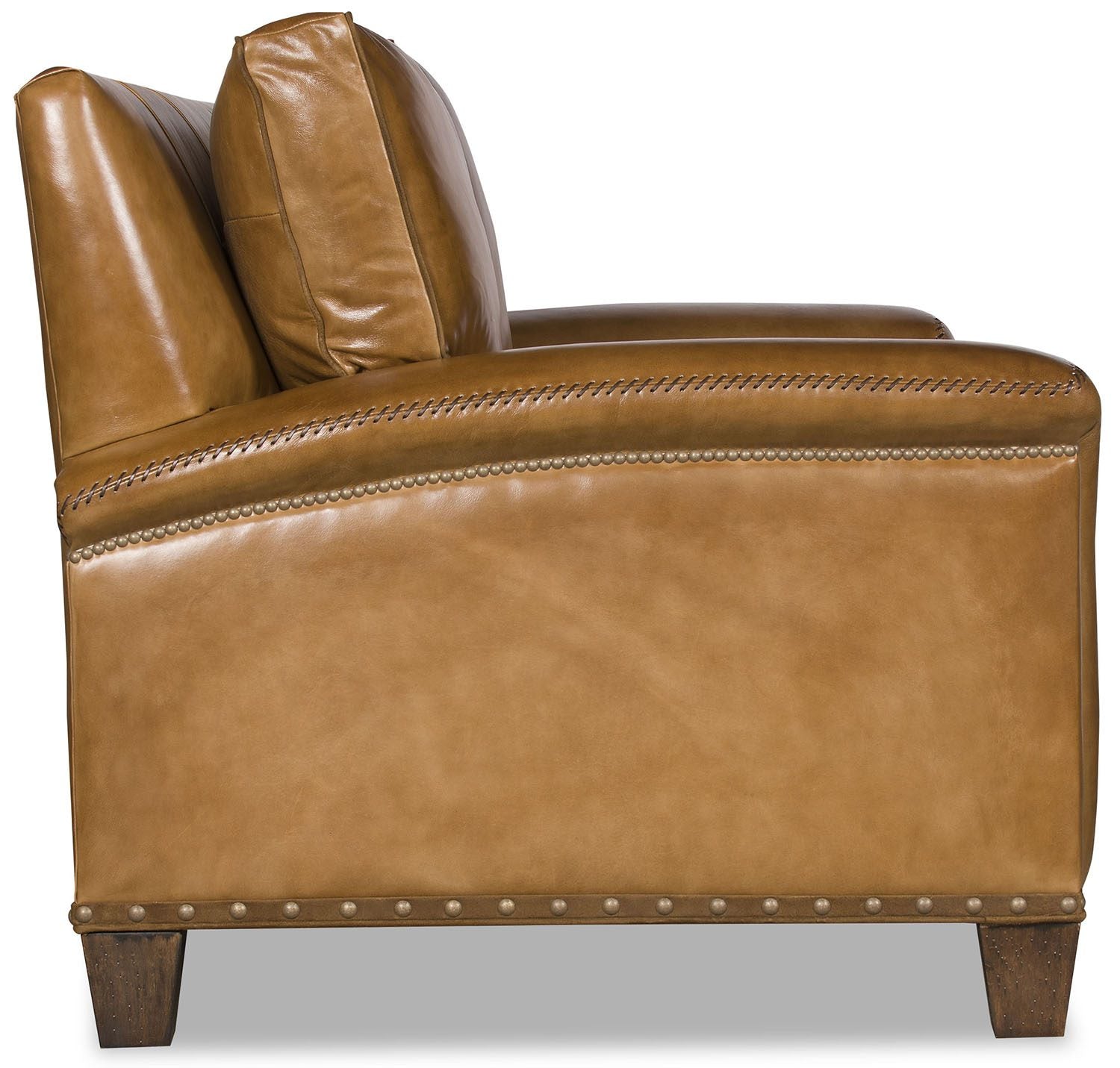 Remington western leather sofa with sloped arms, hand-sewn stitching, gimp trim, and nailhead trim