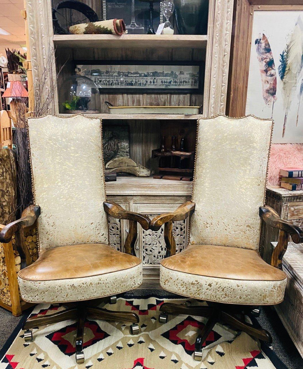 Completed custom upholstered Gold Acid Wash Cowhide Office Chairs made in the USA