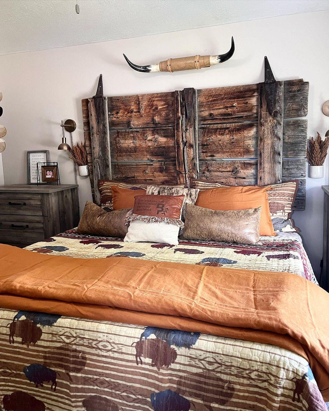 Roam Free Rustic Bedding on bed with terra cotta duvet