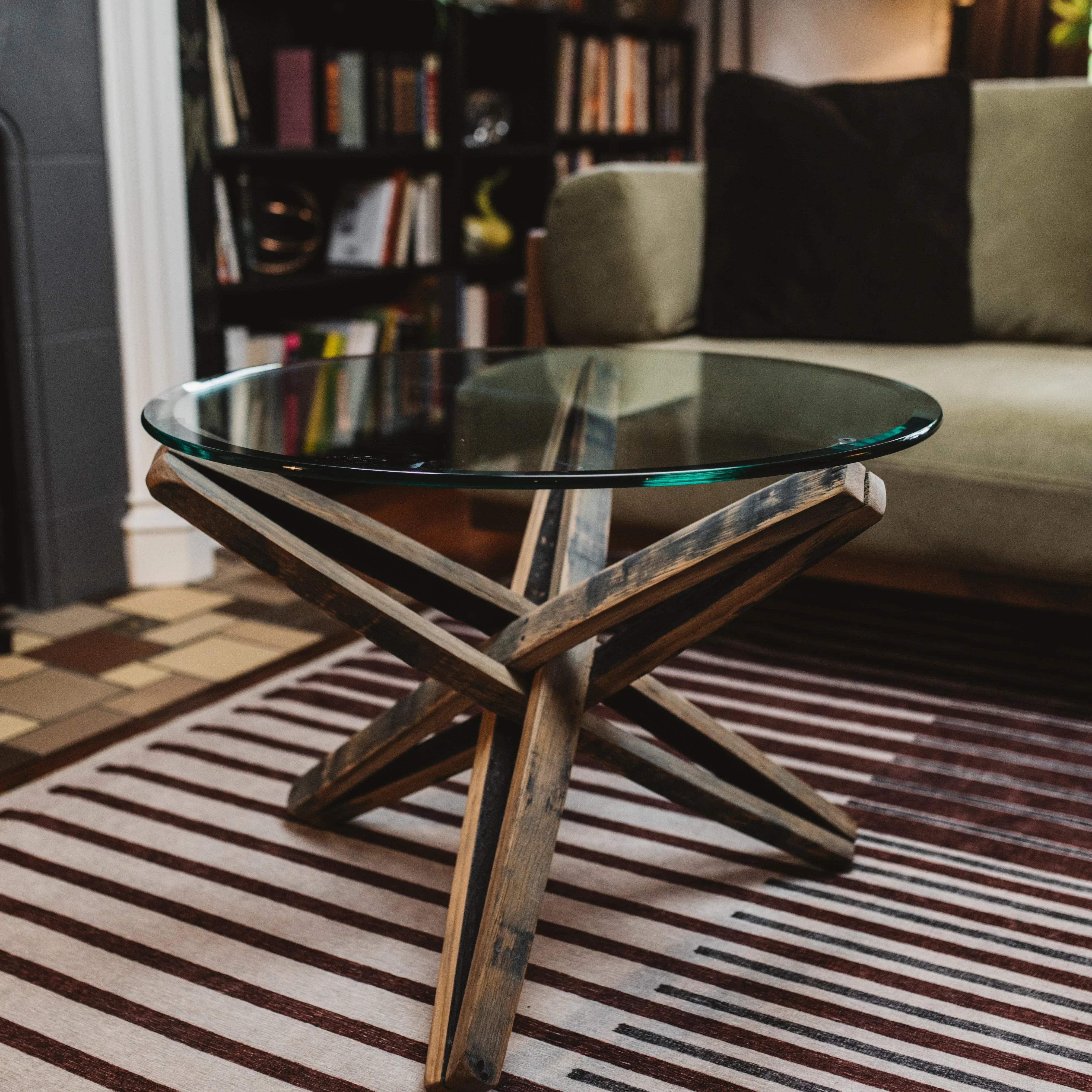 Side table made from tequila barrel staves with a round glass top, made in the USA - Your Western Decor