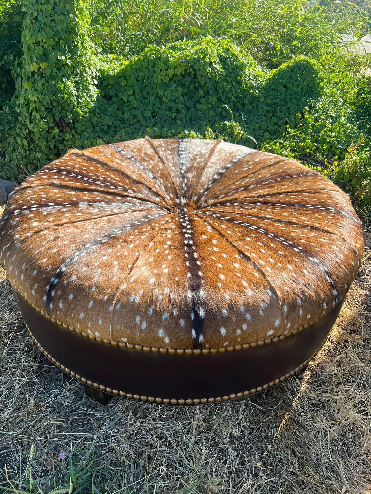 Custom American made Leather & Axis Hide Round Ottoman - Your Western Decor