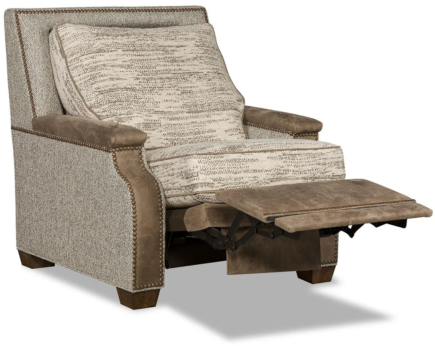 Recliner chair with patterned fabric and wooden armrests on a white background